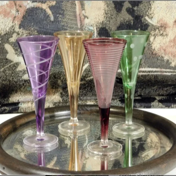 Set of FOUR Colored Etched Fluted Shot Vintage Stemware Glasses